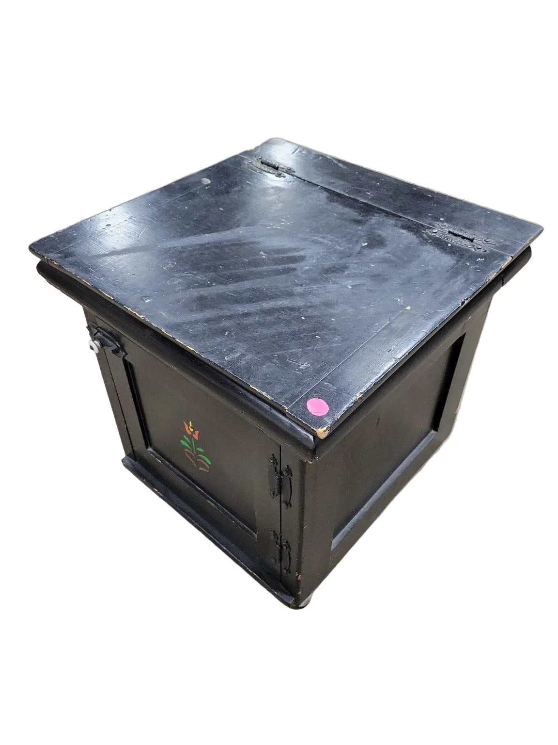 Antique Painted Wood Commode Cabinet – Black with Floral Motif