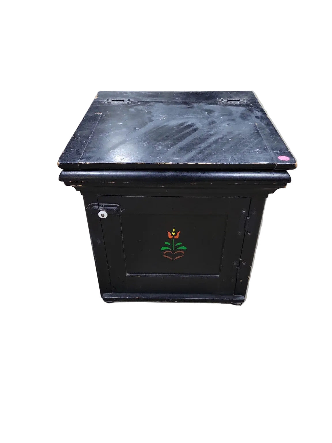 Antique Painted Wood Commode Cabinet – Black with Floral Motif