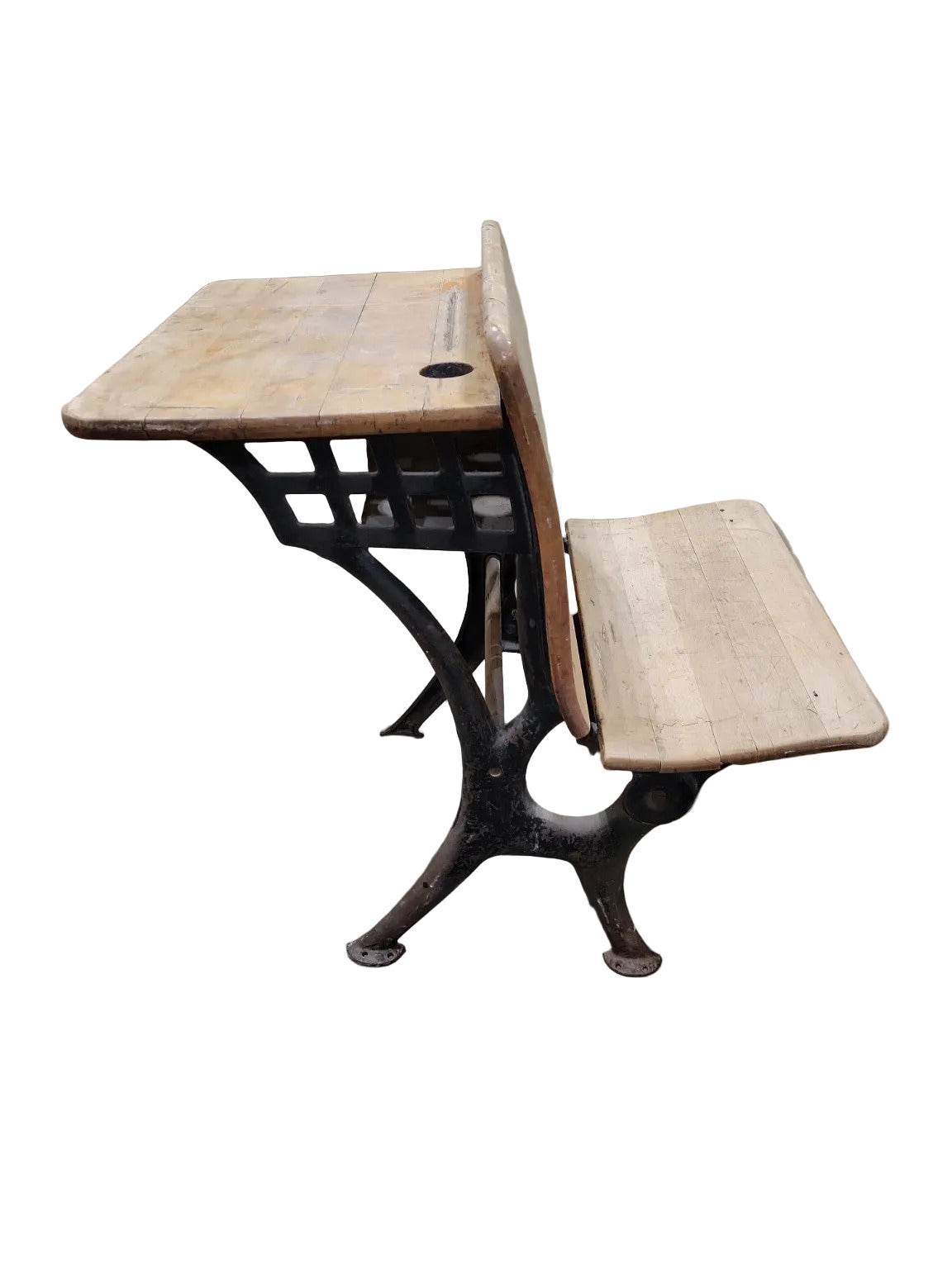 Antique Cast Iron and Wood School Desk – Lift-Top with Ink Well