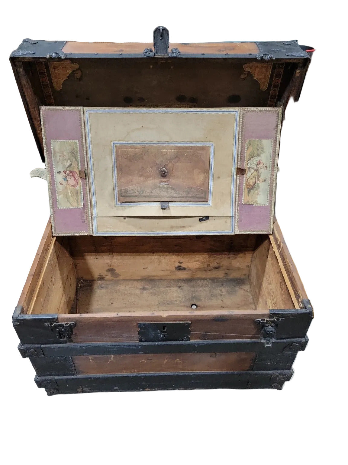 Victorian Flat-Top Steamer Trunk by Nicholas Cook, Chicago – Lithograph Interior & Hidden Compartment