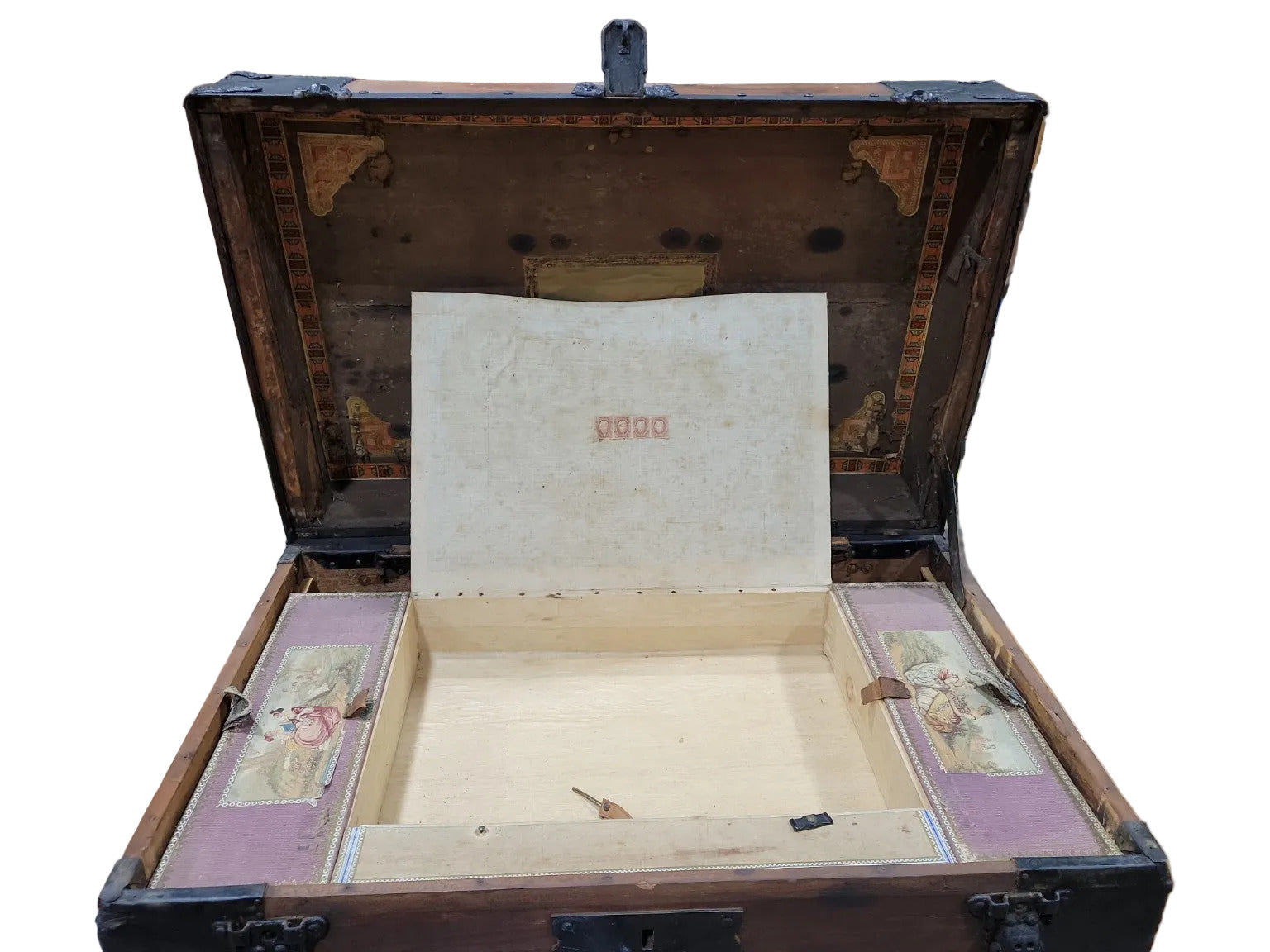 Victorian Flat-Top Steamer Trunk by Nicholas Cook, Chicago – Lithograph Interior & Hidden Compartment