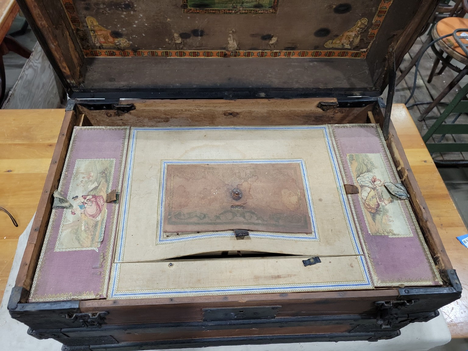 Victorian Flat-Top Steamer Trunk by Nicholas Cook, Chicago – Lithograph Interior & Hidden Compartment