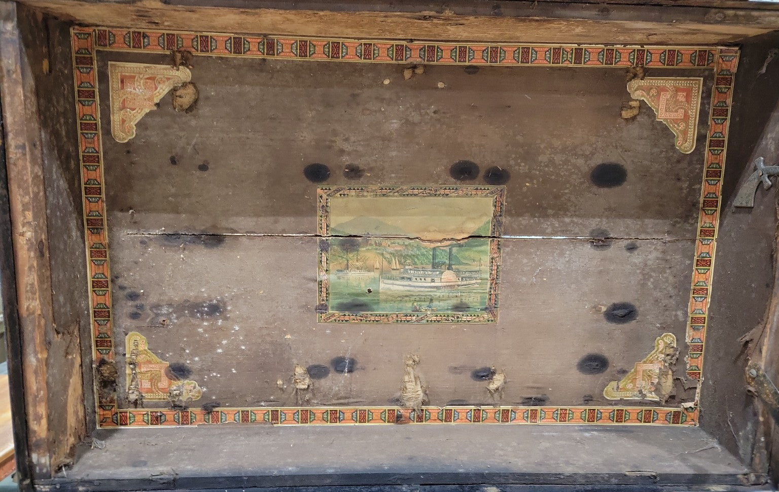 Victorian Flat-Top Steamer Trunk by Nicholas Cook, Chicago – Lithograph Interior & Hidden Compartment