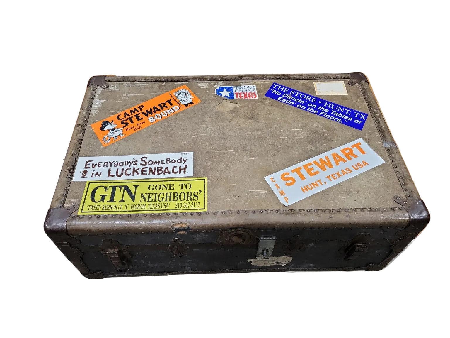 Early 20th-Century Flat-Top Steamer Trunk – Vintage Texas Travel Stickers