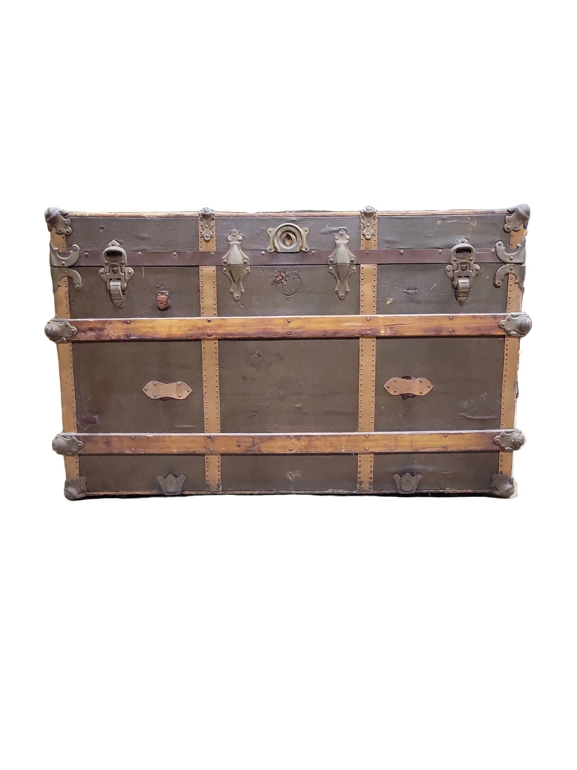 Late 19th-Century Flat-Top Steamer Trunk – Large Size with Ornate Hardware