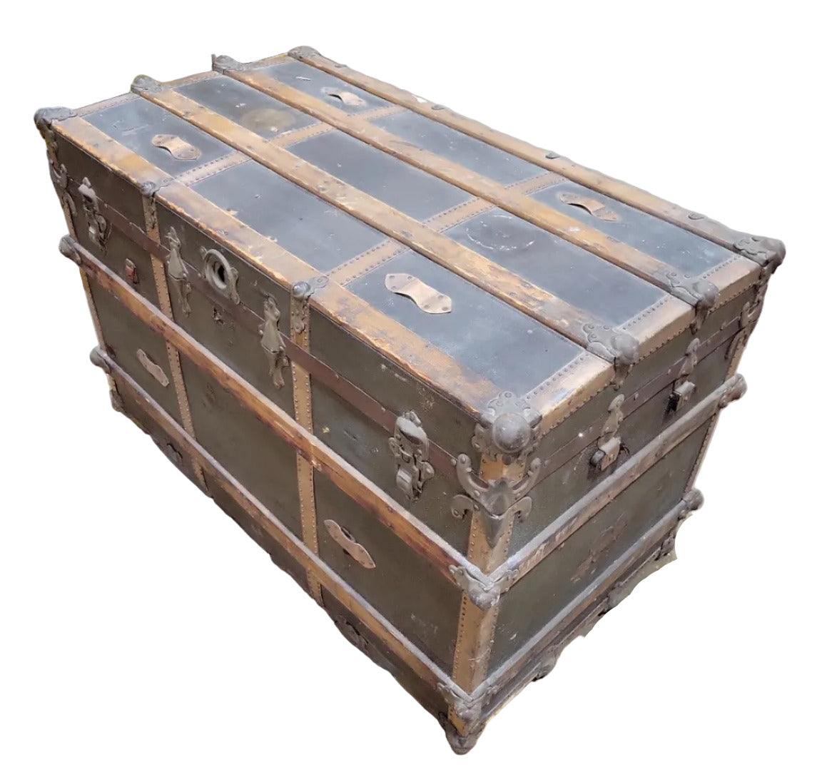 Late 19th-Century Flat-Top Steamer Trunk – Large Size with Ornate Hardware