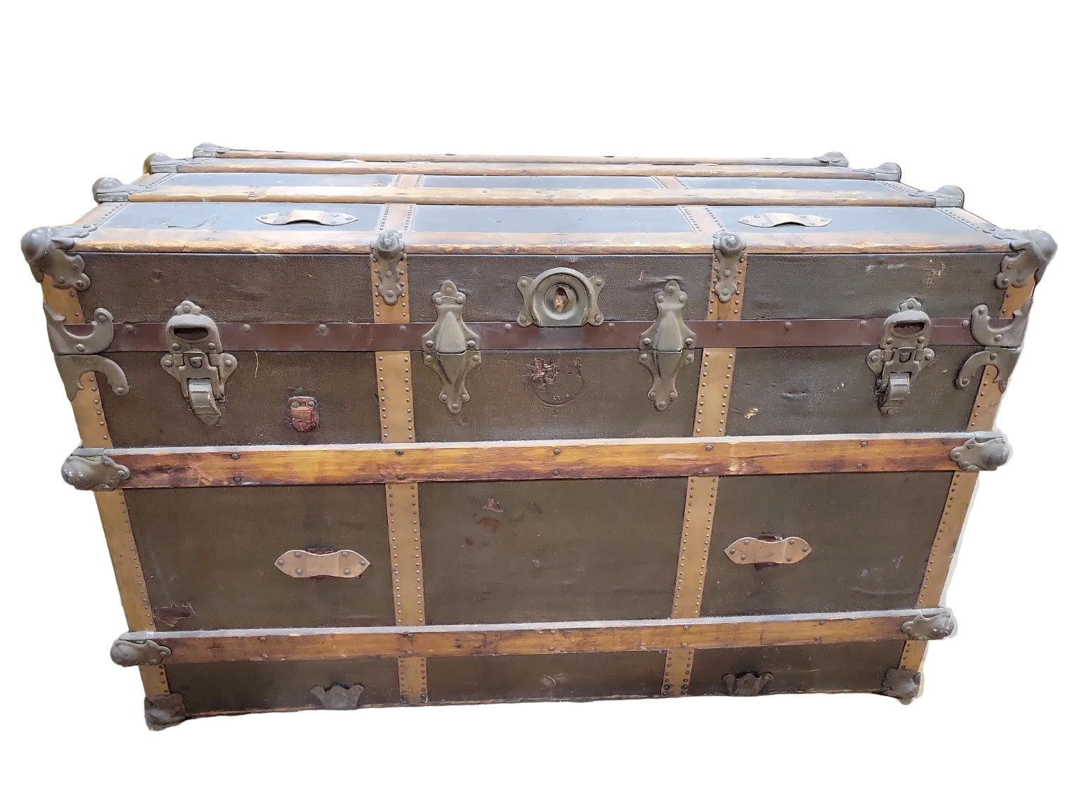 Late 19th-Century Flat-Top Steamer Trunk – Large Size with Ornate Hardware
