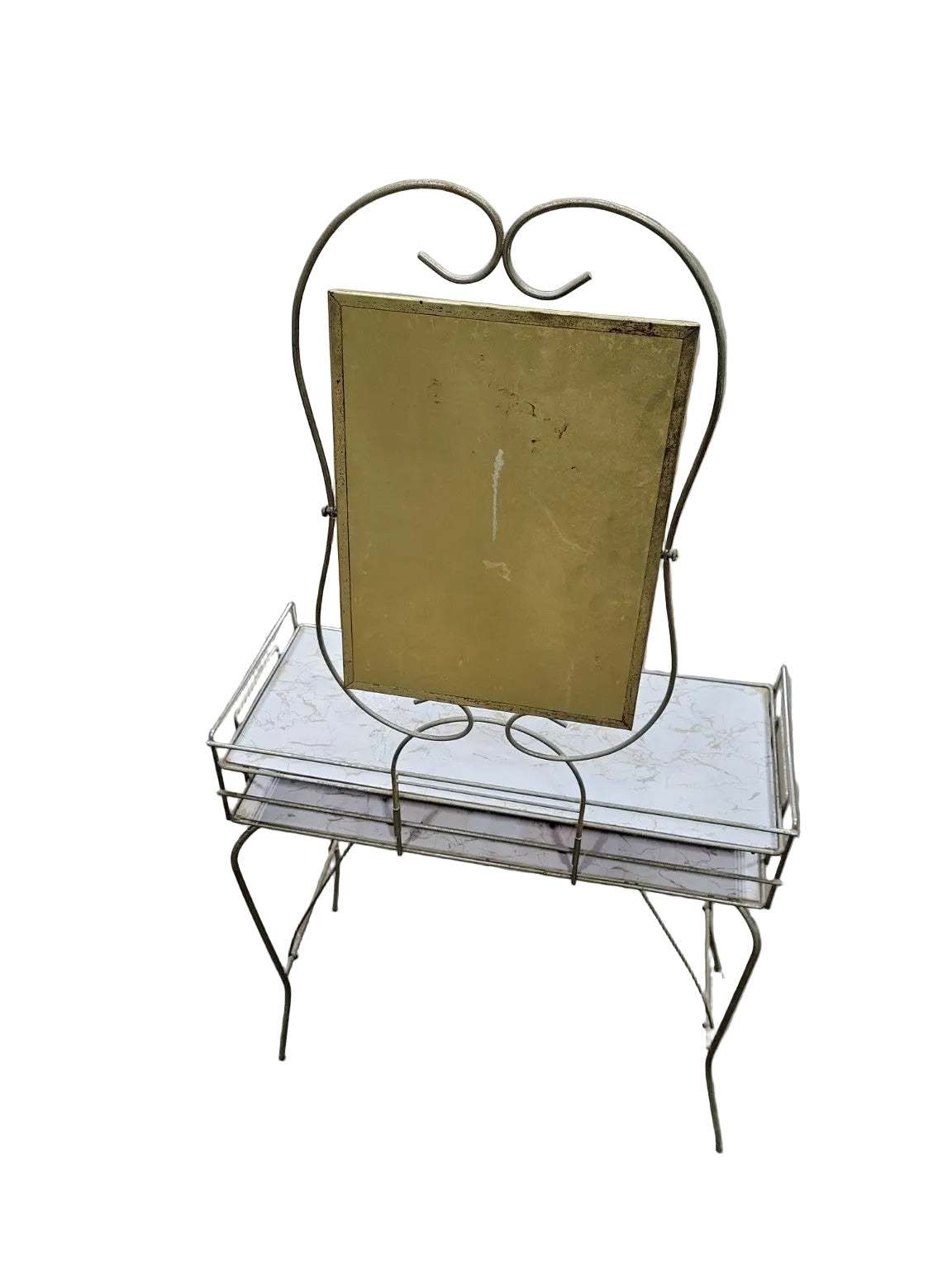 Mid-Century Hollywood Regency Vanity with Mirror – Gold & Faux Marble Finish