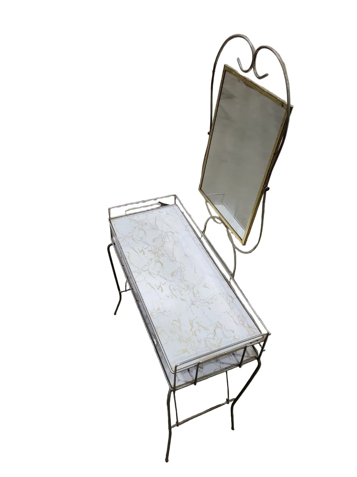 Mid-Century Hollywood Regency Vanity with Mirror – Gold & Faux Marble Finish