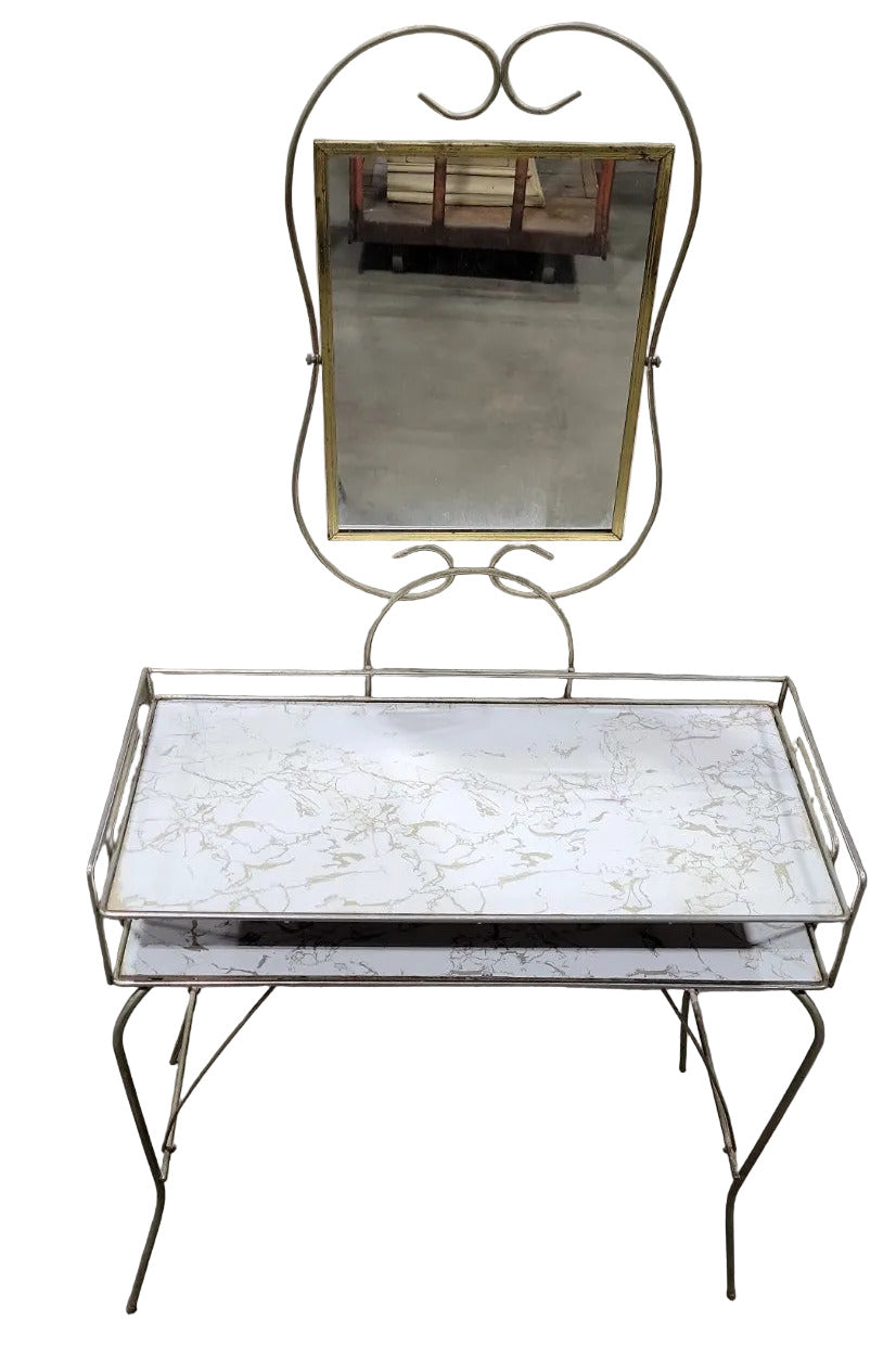 Mid-Century Hollywood Regency Vanity with Mirror – Gold & Faux Marble Finish