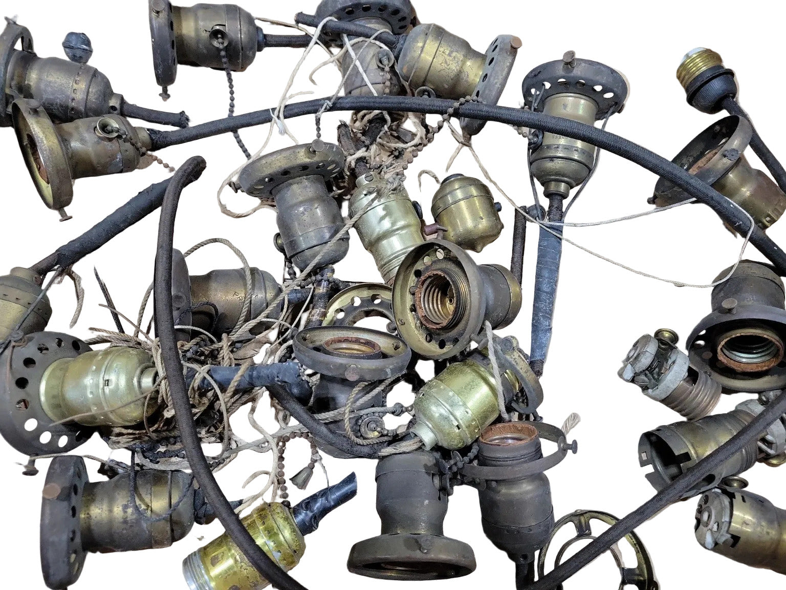 Lot of 24 Antique Brass Light Sockets – Assorted Pull Chain & Keyless Types