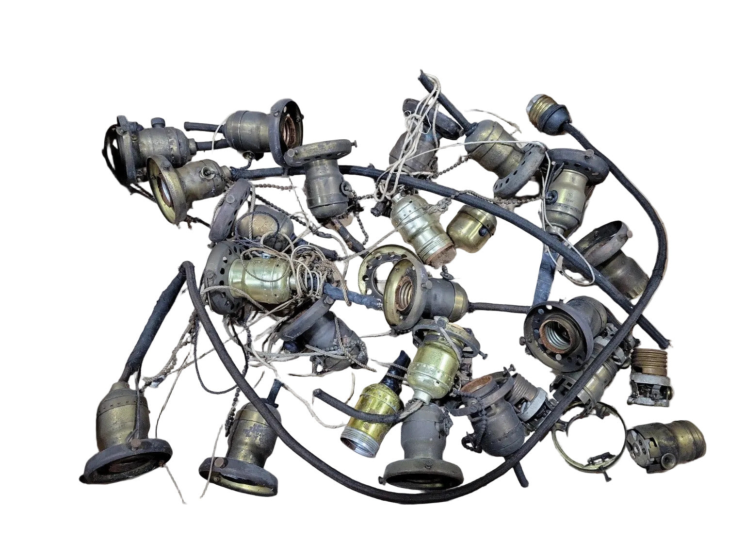 Lot of 24 Antique Brass Light Sockets – Assorted Pull Chain & Keyless Types