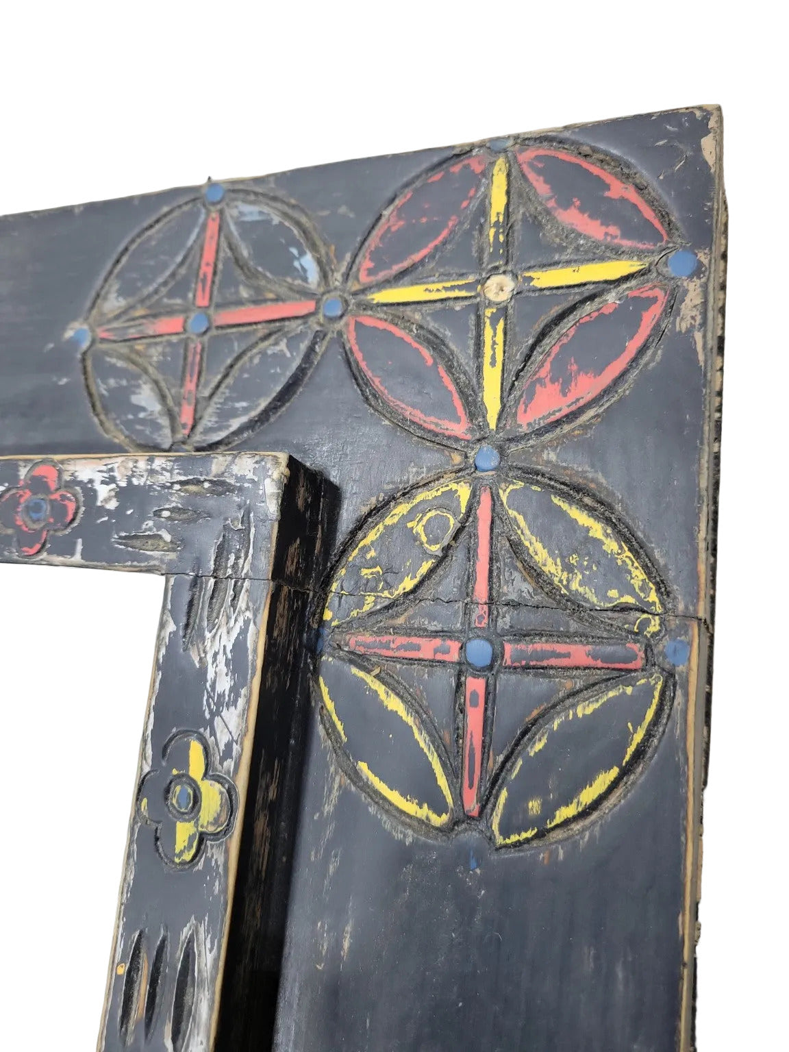 Hand-Painted Folk Art Mirror – 24" Square with Carved Motifs