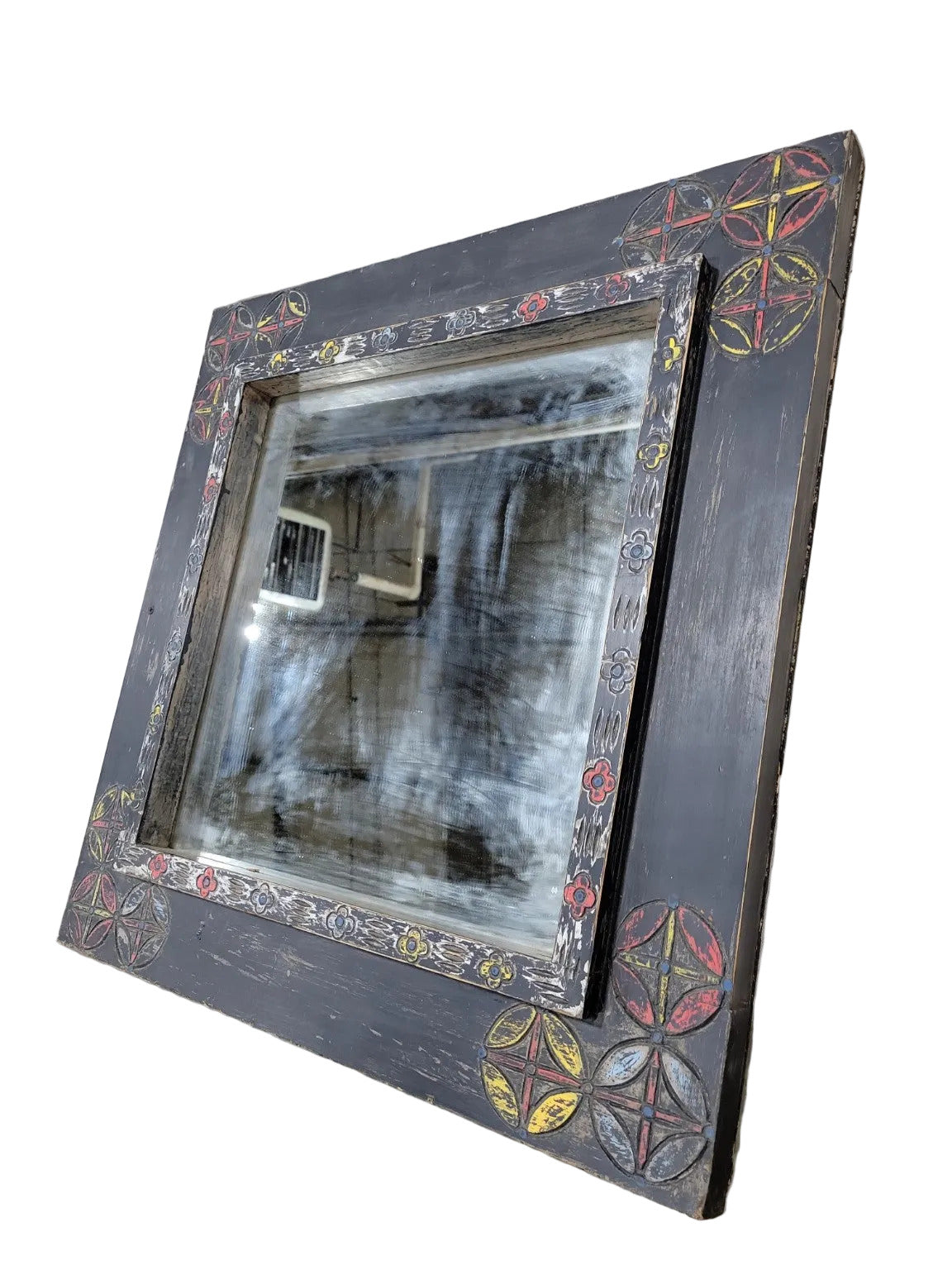 Hand-Painted Folk Art Mirror – 24" Square with Carved Motifs