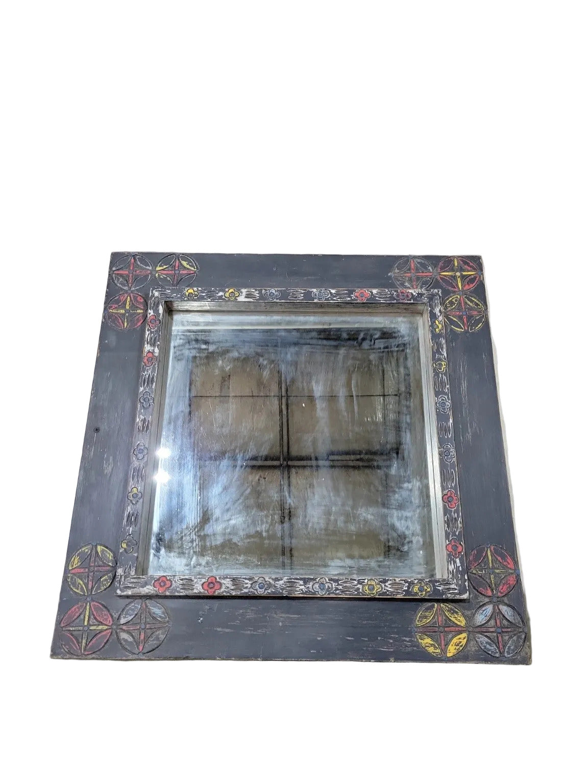 Hand-Painted Folk Art Mirror – 24" Square with Carved Motifs