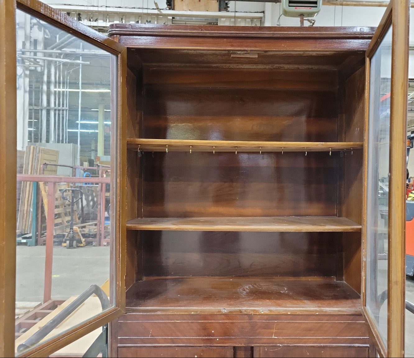 Vintage Wood Display Cabinet with Glass Doors and Lower Storage