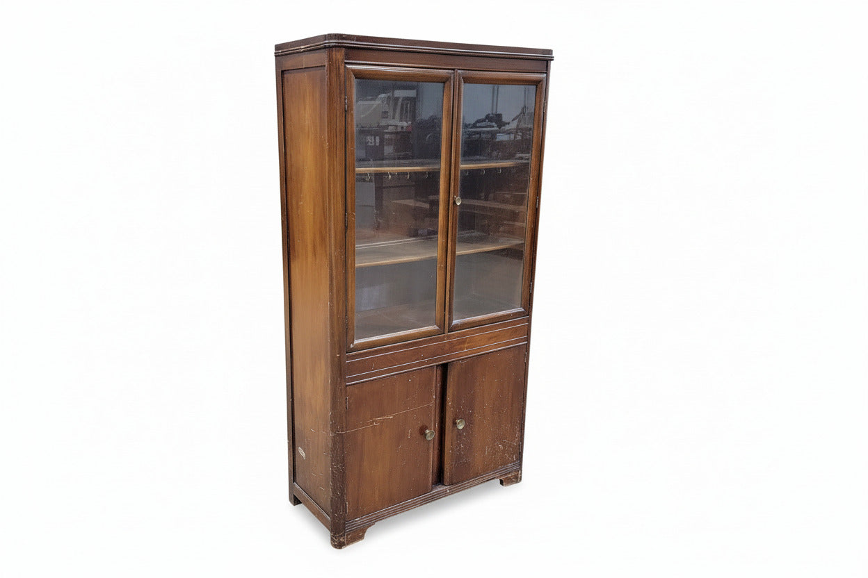 Vintage Wood Display Cabinet with Glass Doors and Lower Storage