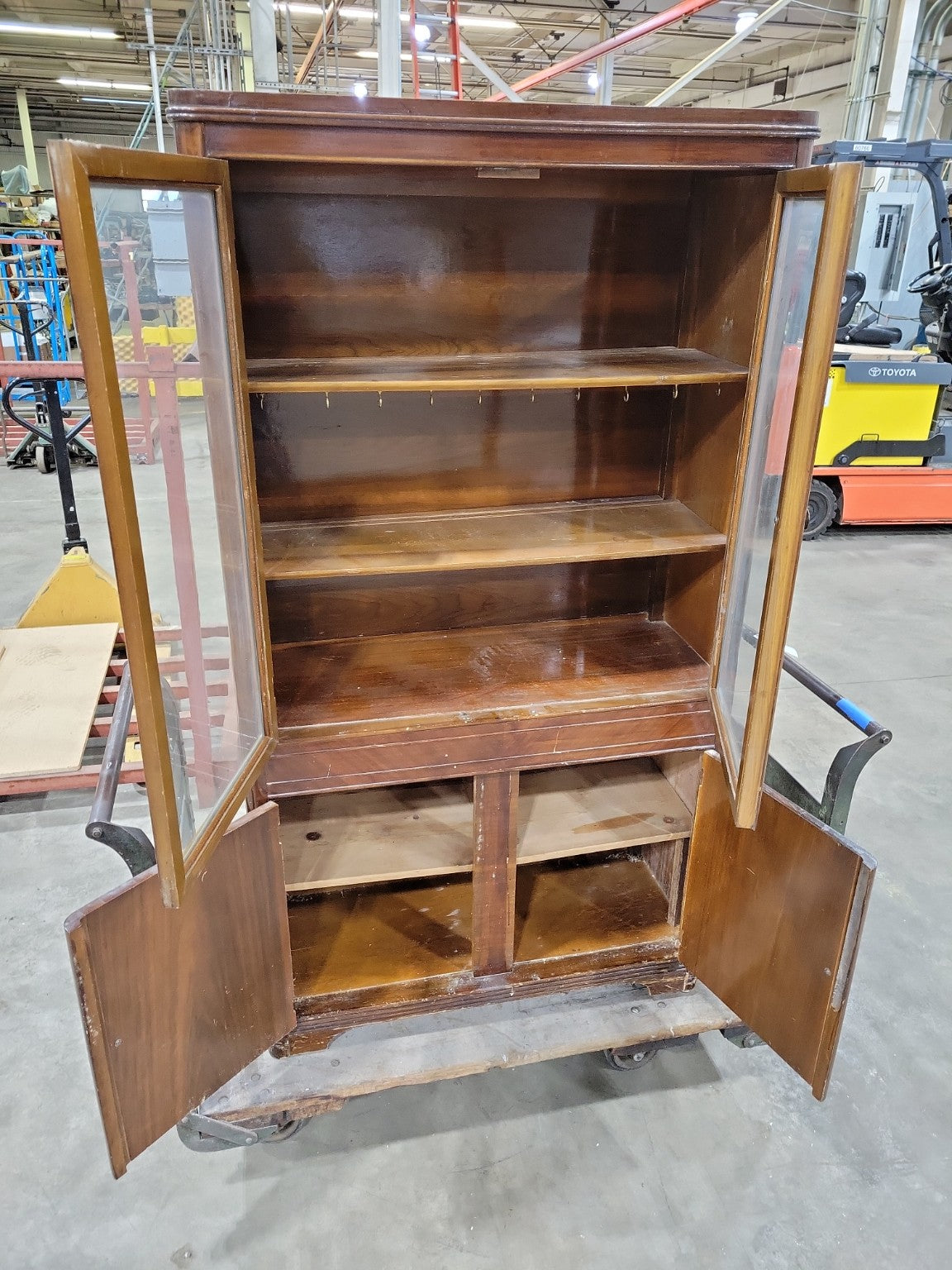 Vintage Wood Display Cabinet with Glass Doors and Lower Storage