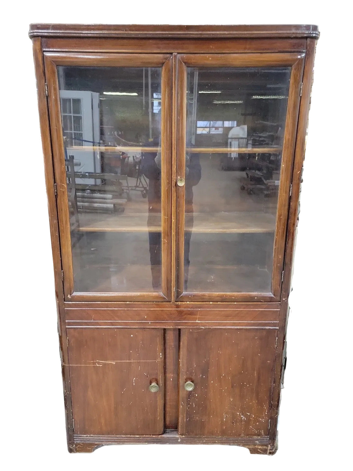 Vintage Wood Display Cabinet with Glass Doors and Lower Storage