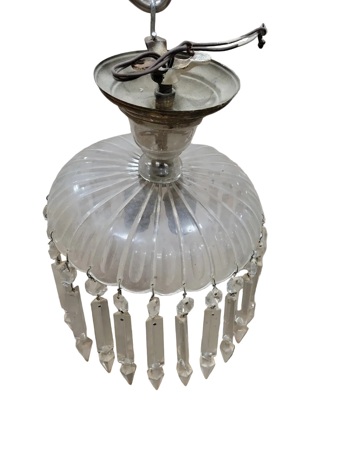Antique Ribbed Glass Crystal Pendant Chandelier – 10" Diameter x 12" Tall