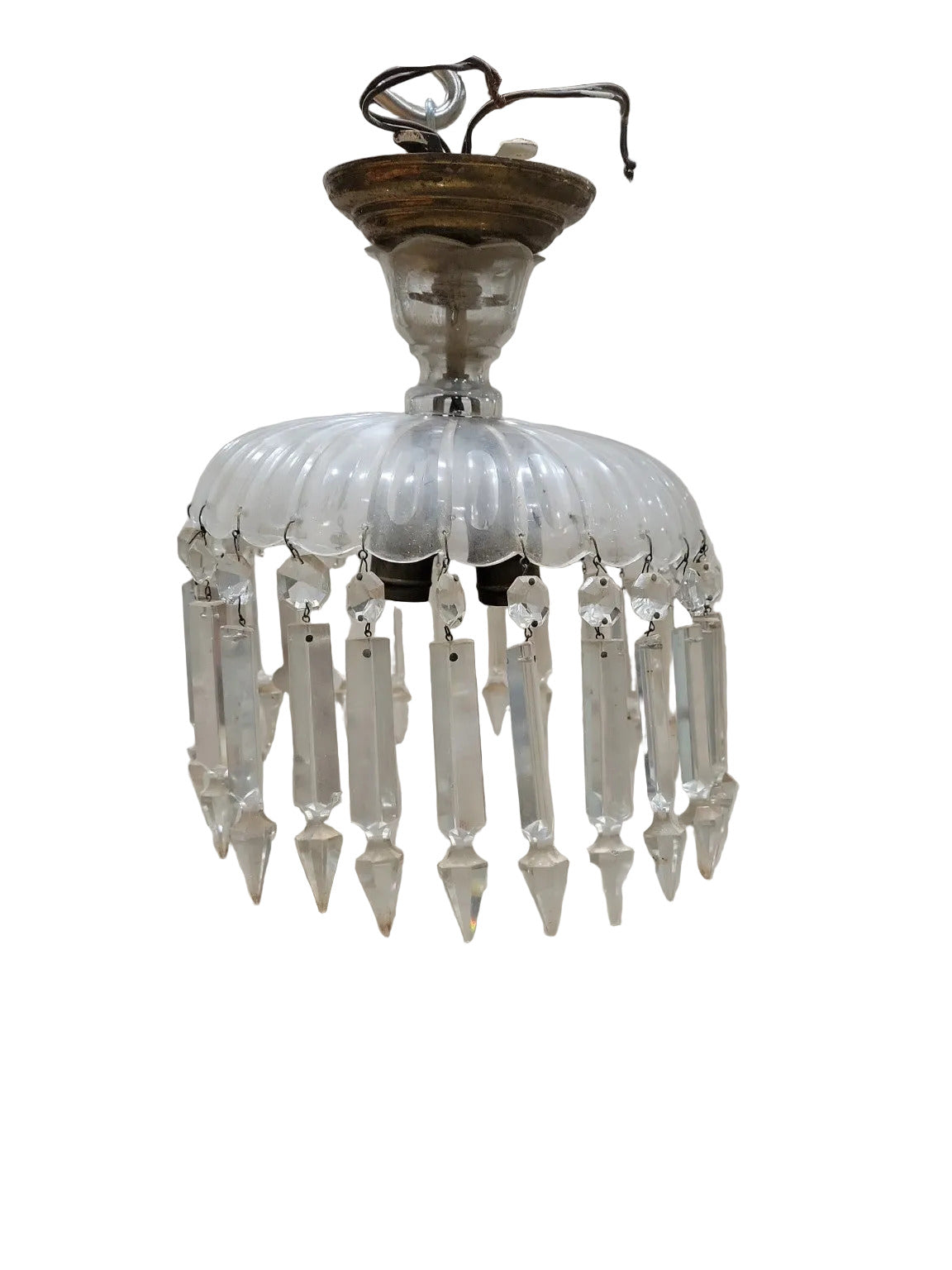 Antique Ribbed Glass Crystal Pendant Chandelier – 10" Diameter x 12" Tall