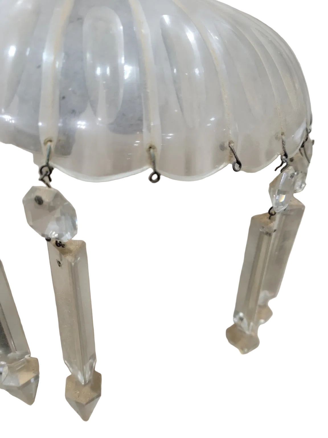 Antique Ribbed Glass Pendant Chandelier – 10" Diameter x 12" Tall (2 Crystals Missing)