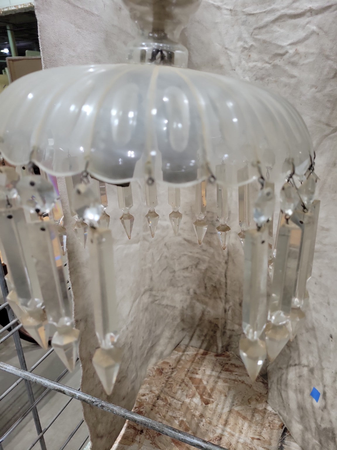 Antique Ribbed Glass Pendant Chandelier – 10" Diameter x 12" Tall (2 Crystals Missing)