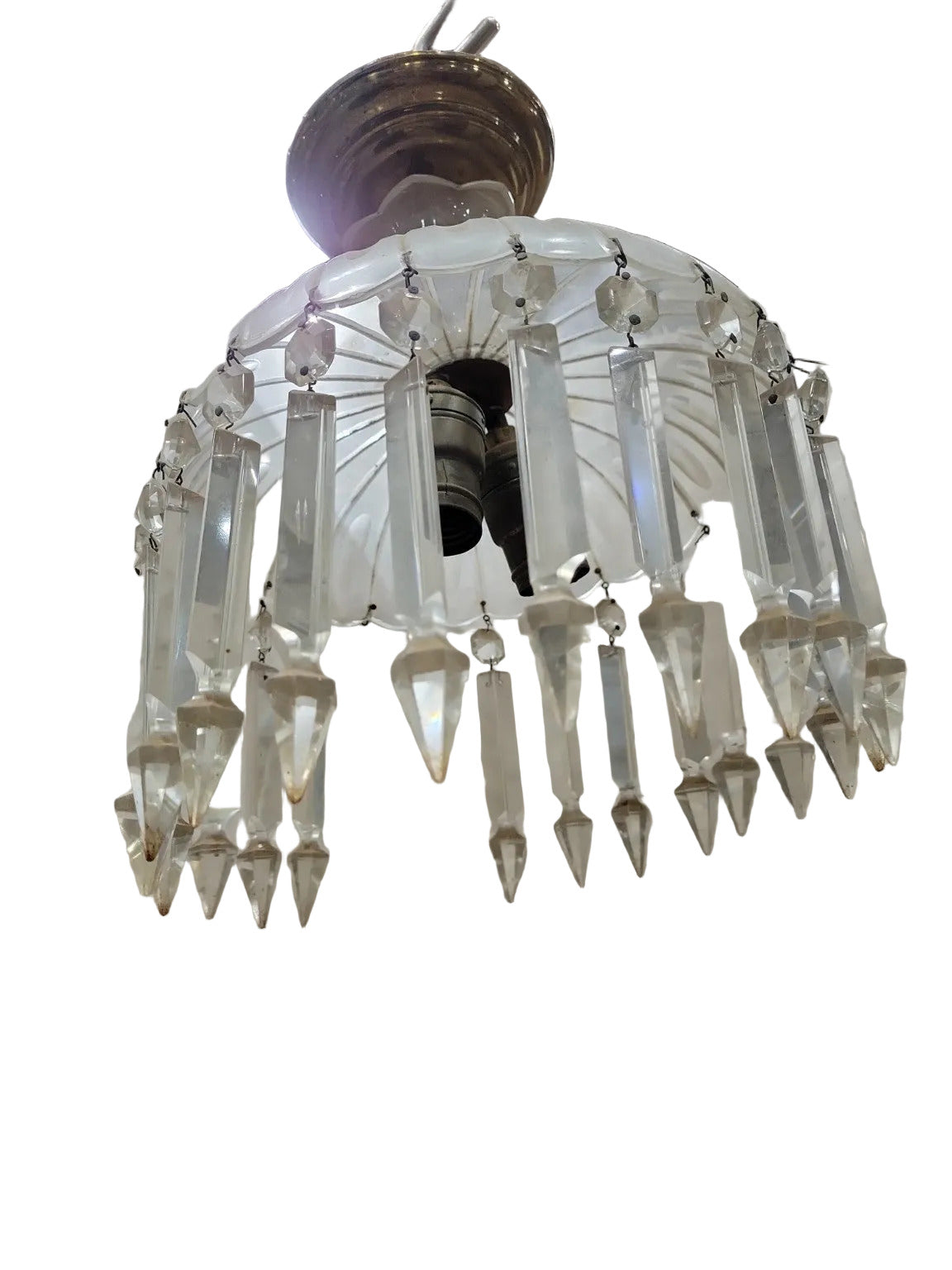 Antique Ribbed Glass Pendant Chandelier – 10" Diameter x 12" Tall (2 Crystals Missing)