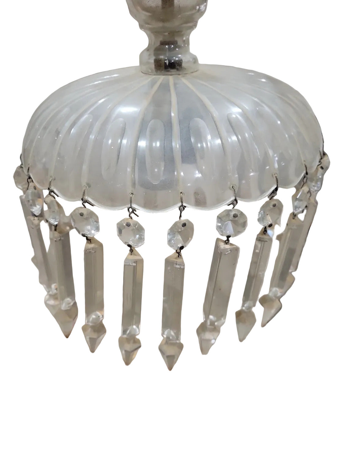 Antique Ribbed Glass Pendant Chandelier – 10" Diameter x 12" Tall (2 Crystals Missing)