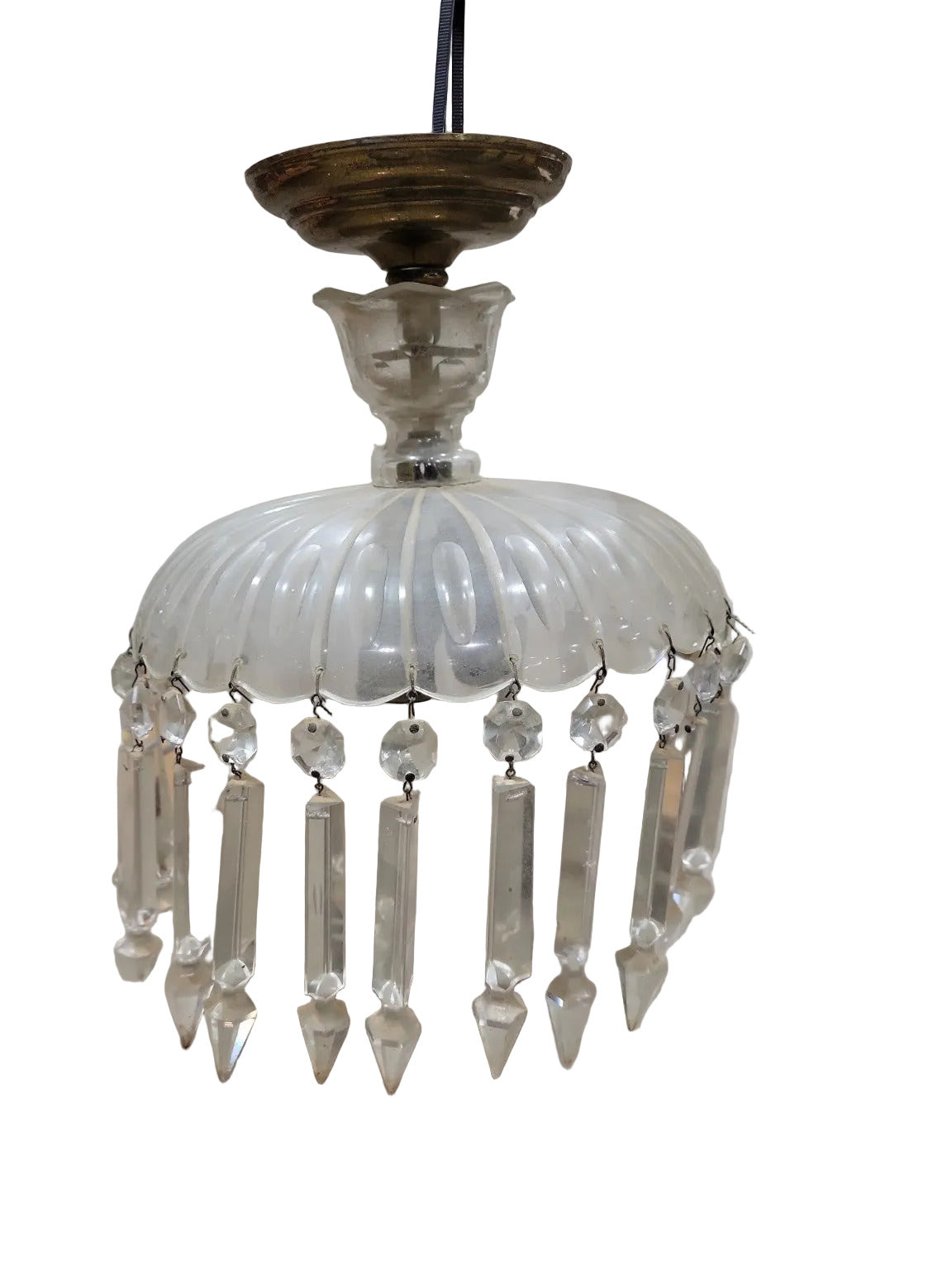 Antique Ribbed Glass Pendant Chandelier – 10" Diameter x 12" Tall (2 Crystals Missing)