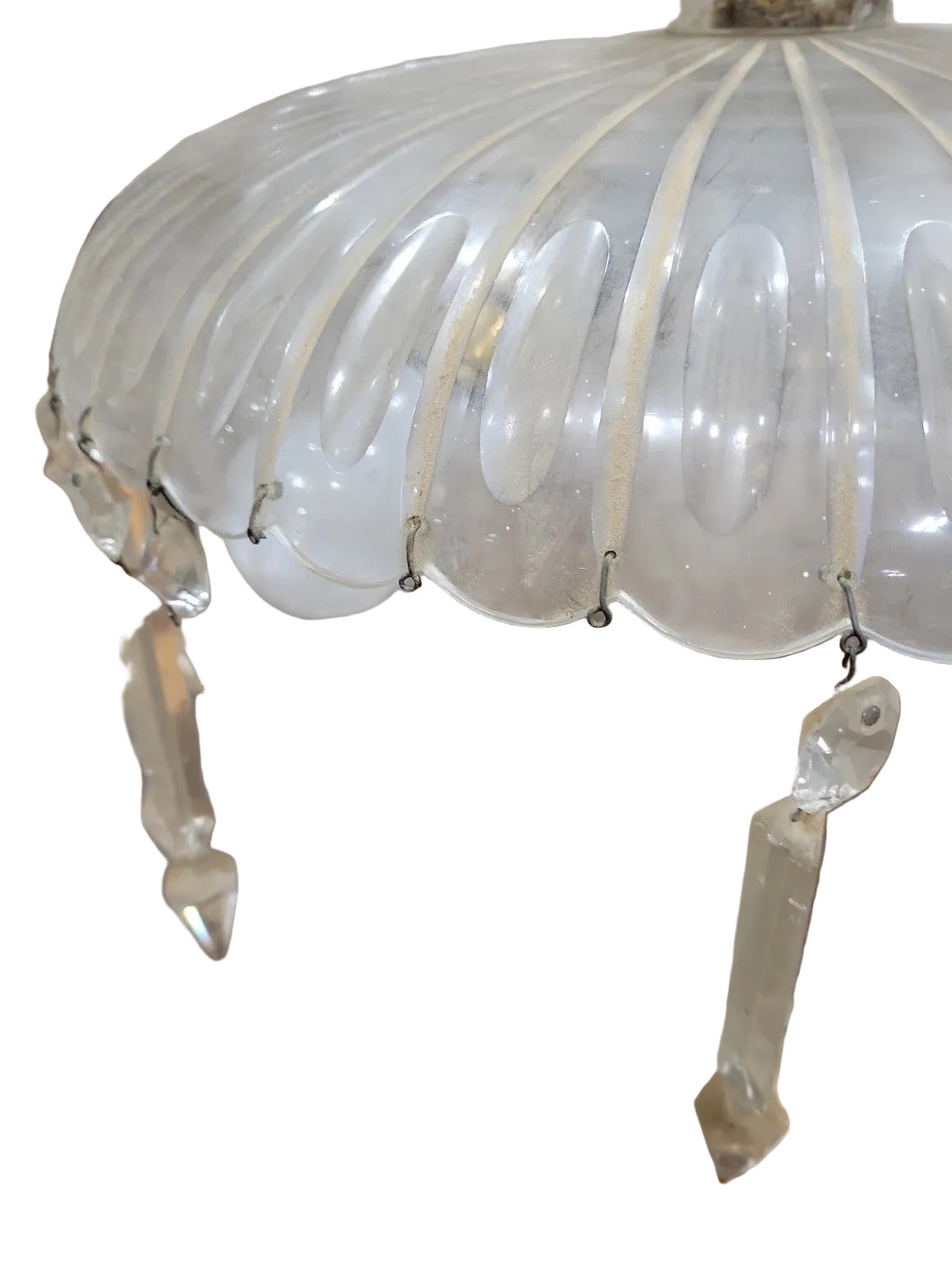 Large Antique Ribbed Glass Crystal Chandelier – 17" Diameter x 18" Tall (4 Crystals Missing)