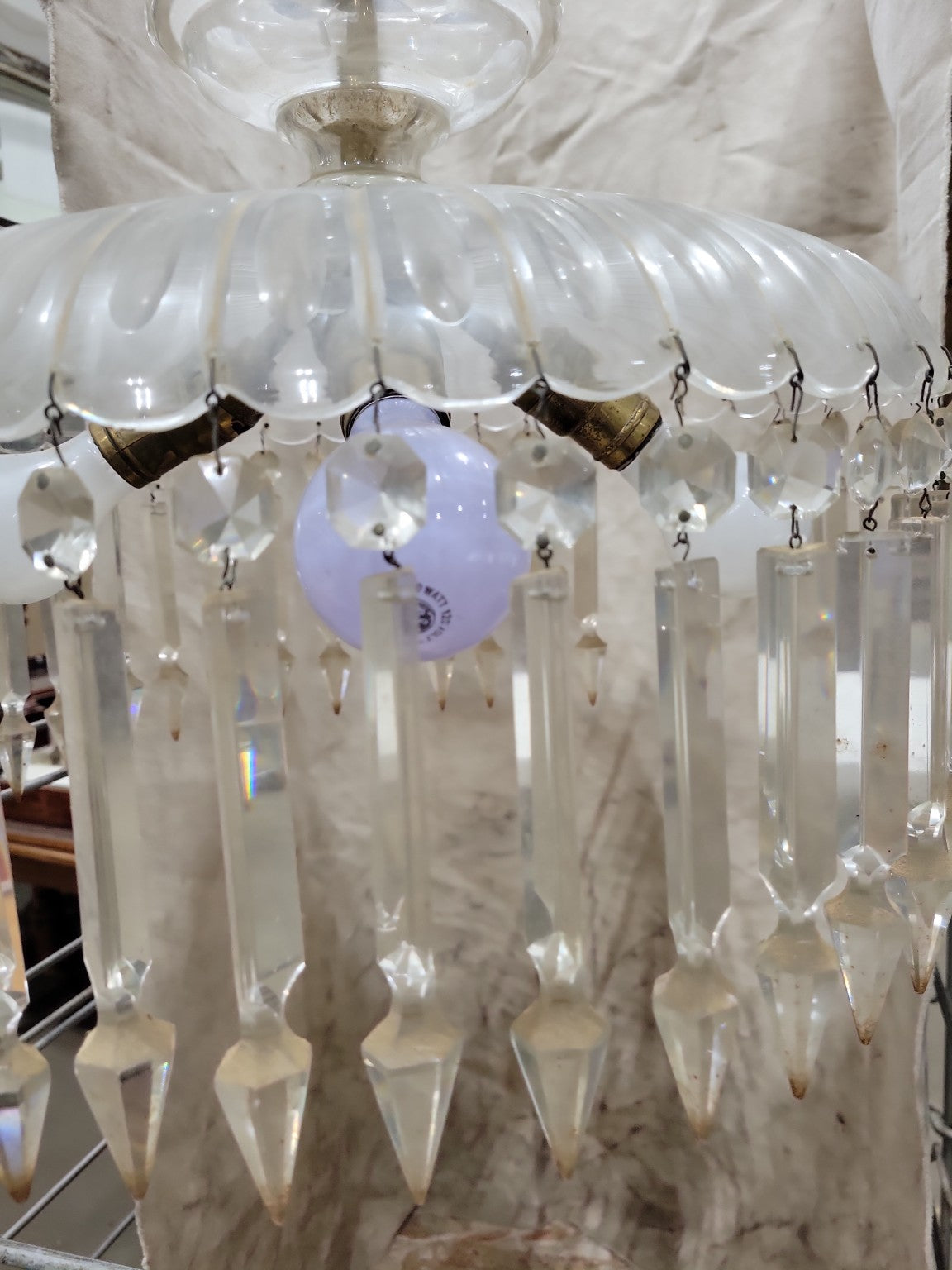 Large Antique Ribbed Glass Crystal Chandelier – 17" Diameter x 18" Tall (4 Crystals Missing)