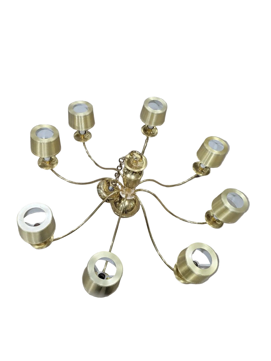 Mid-Century Brass Chandelier – 8-Light with Perforated Shades
