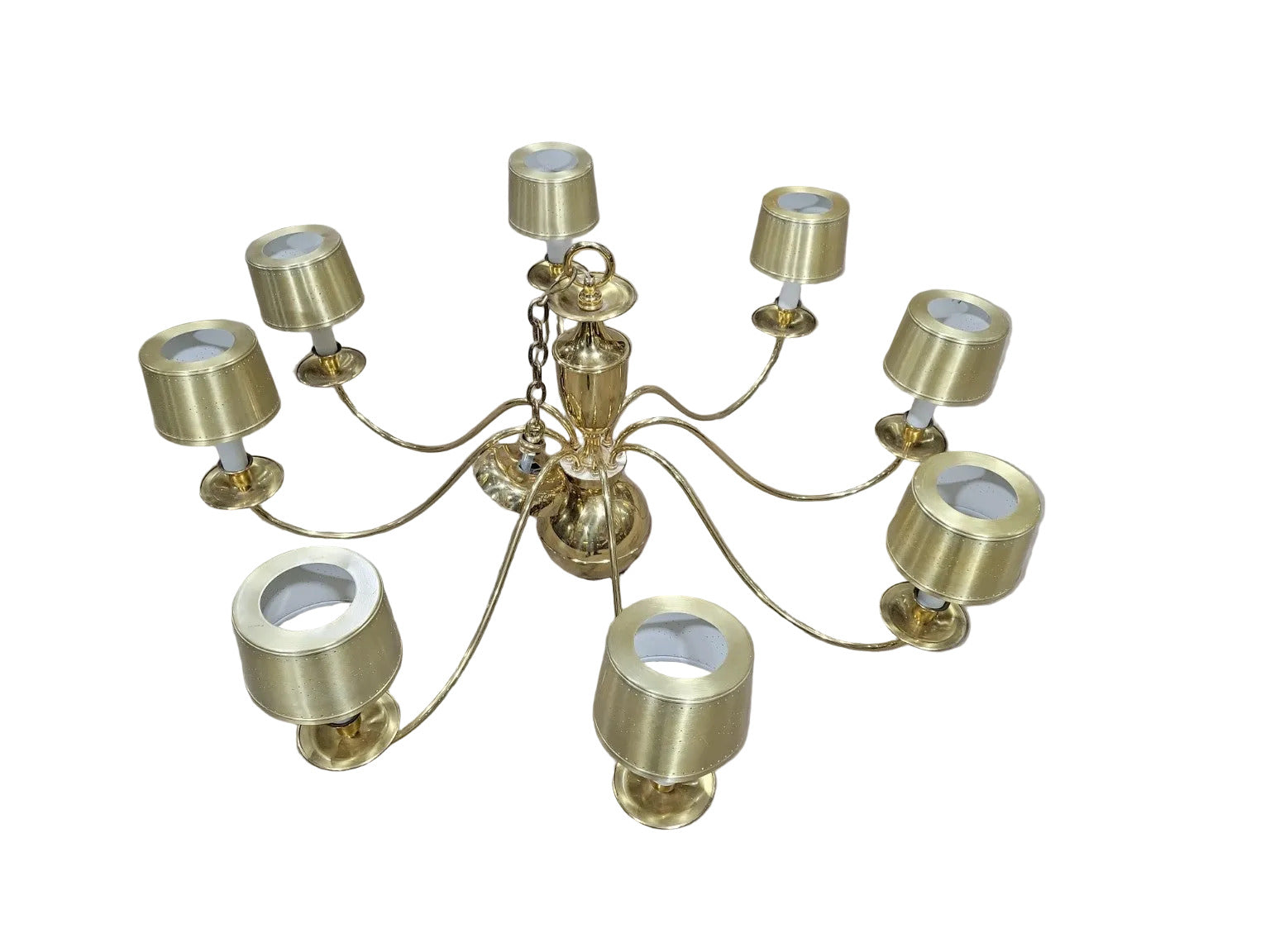 Mid-Century Brass Chandelier – 8-Light with Perforated Shades