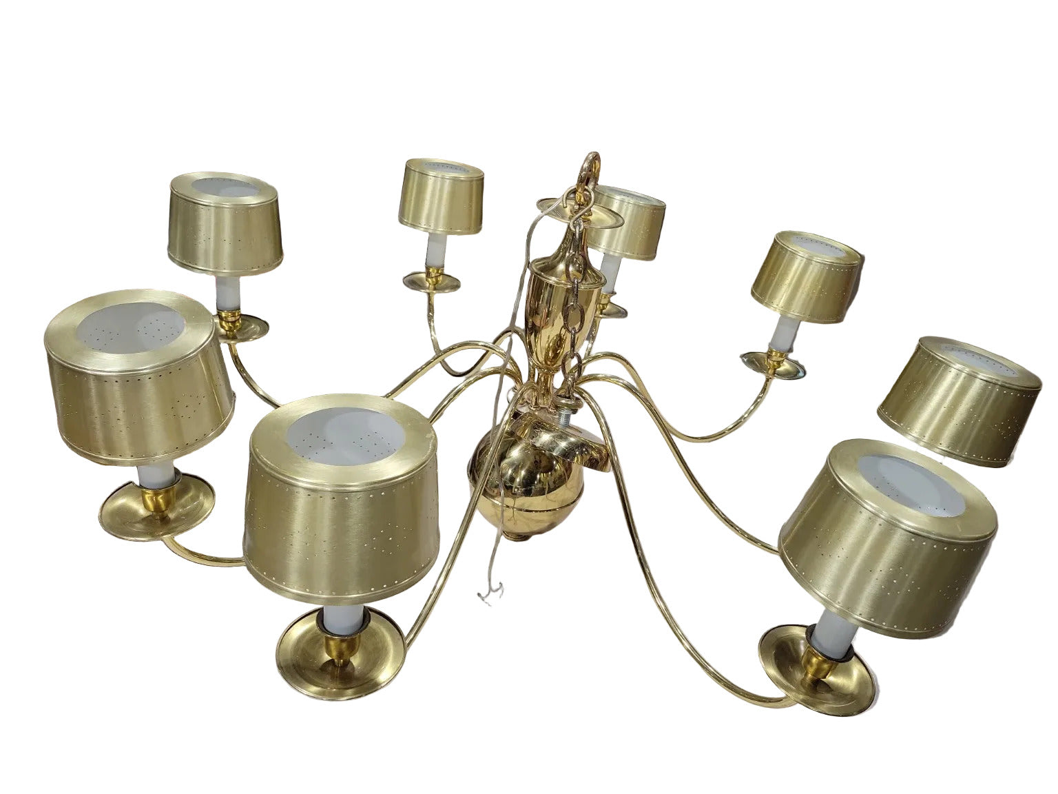 Mid-Century Brass Chandelier – 8-Light with Perforated Shades