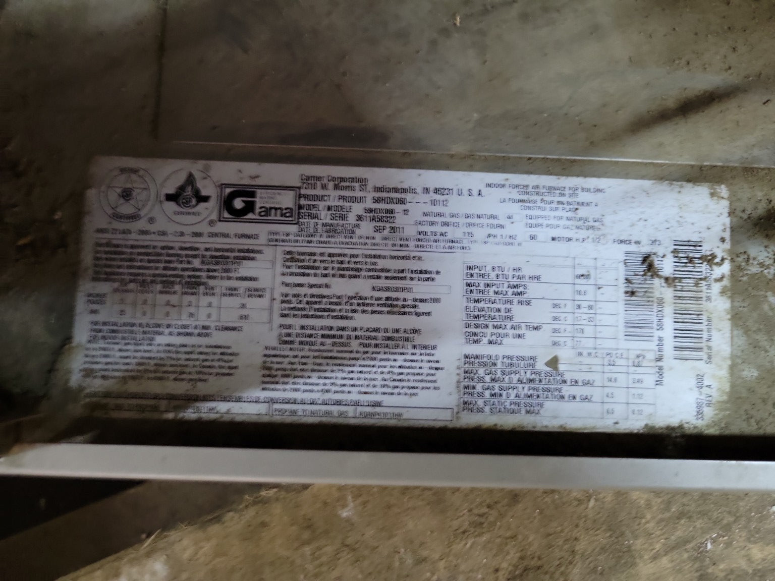 Carrier 58HDX060 Gas Furnace – Salvaged AS-IS/Untested
