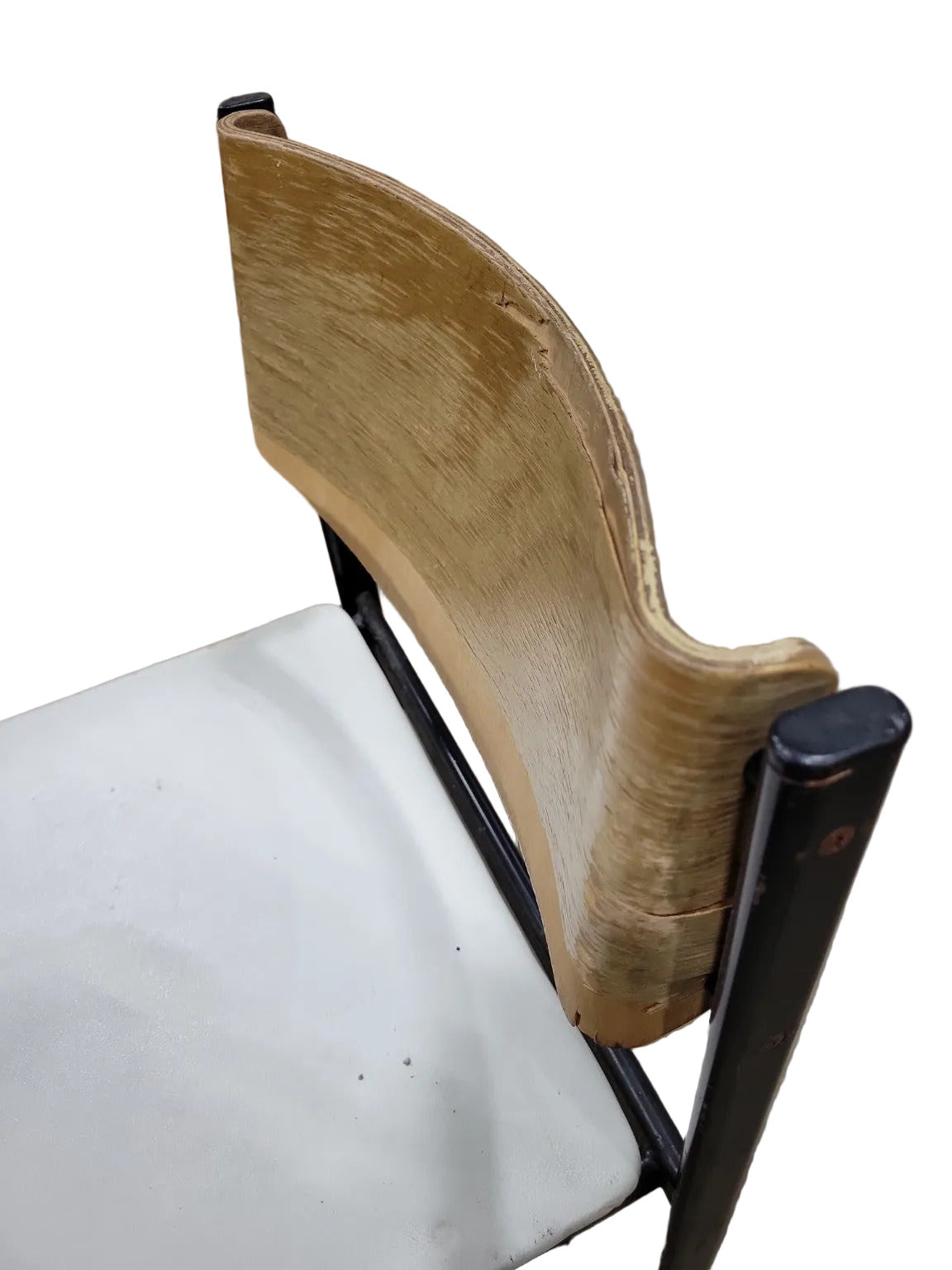 Mid-Century Industrial School Chair – Steel Frame, Wood Back, Vinyl Seat