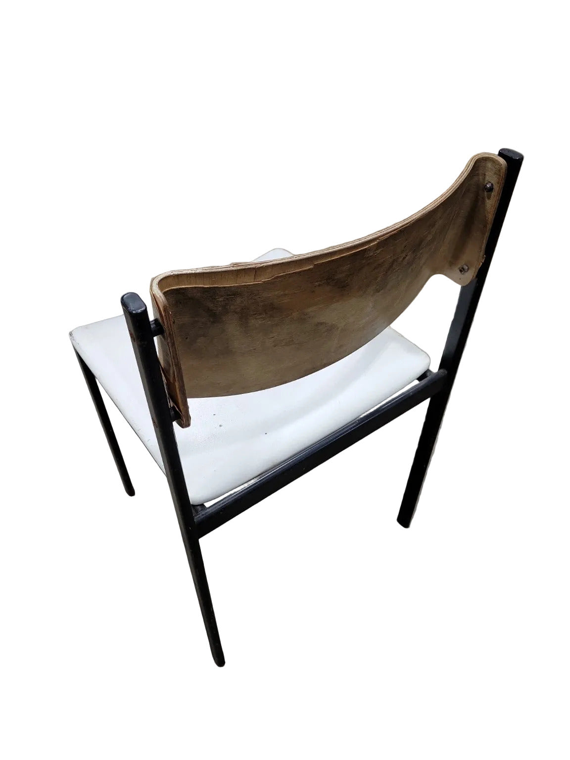 Mid-Century Industrial School Chair – Steel Frame, Wood Back, Vinyl Seat