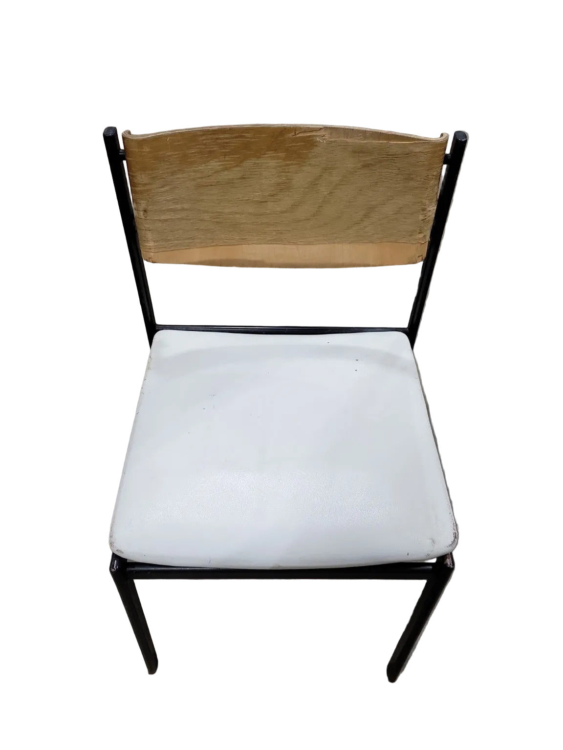 Mid-Century Industrial School Chair – Steel Frame, Wood Back, Vinyl Seat