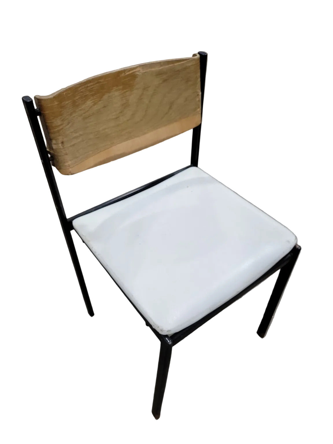 Mid-Century Industrial School Chair – Steel Frame, Wood Back, Vinyl Seat