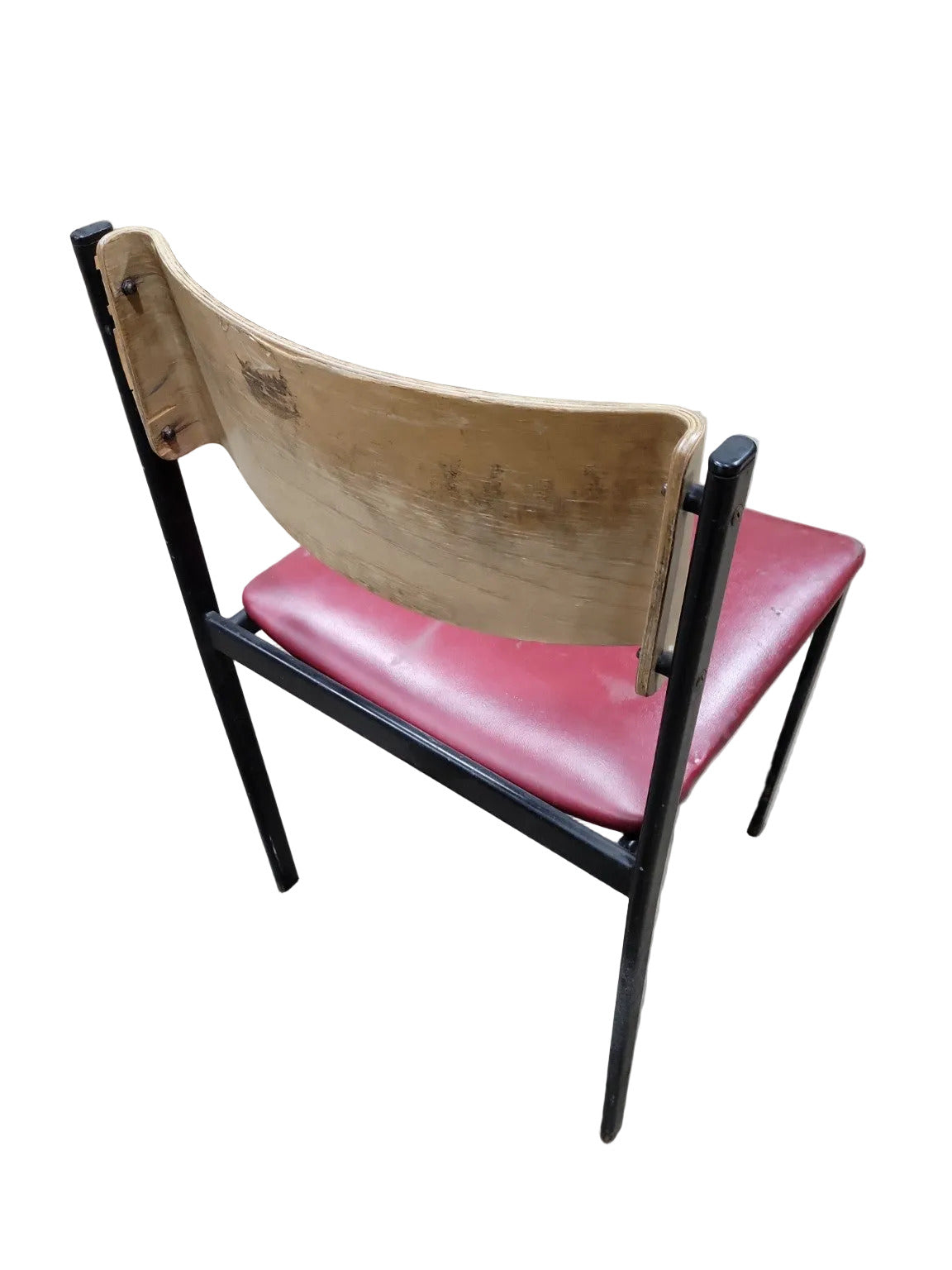 Mid-Century Industrial School Chair – Black Frame, Wood Back, Burgundy Vinyl Seat