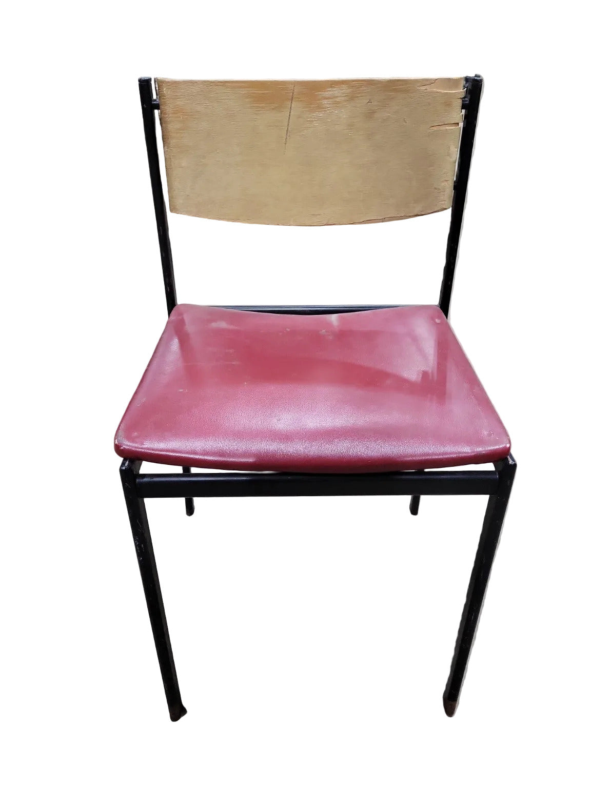 Mid-Century Industrial School Chair – Black Frame, Wood Back, Burgundy Vinyl Seat