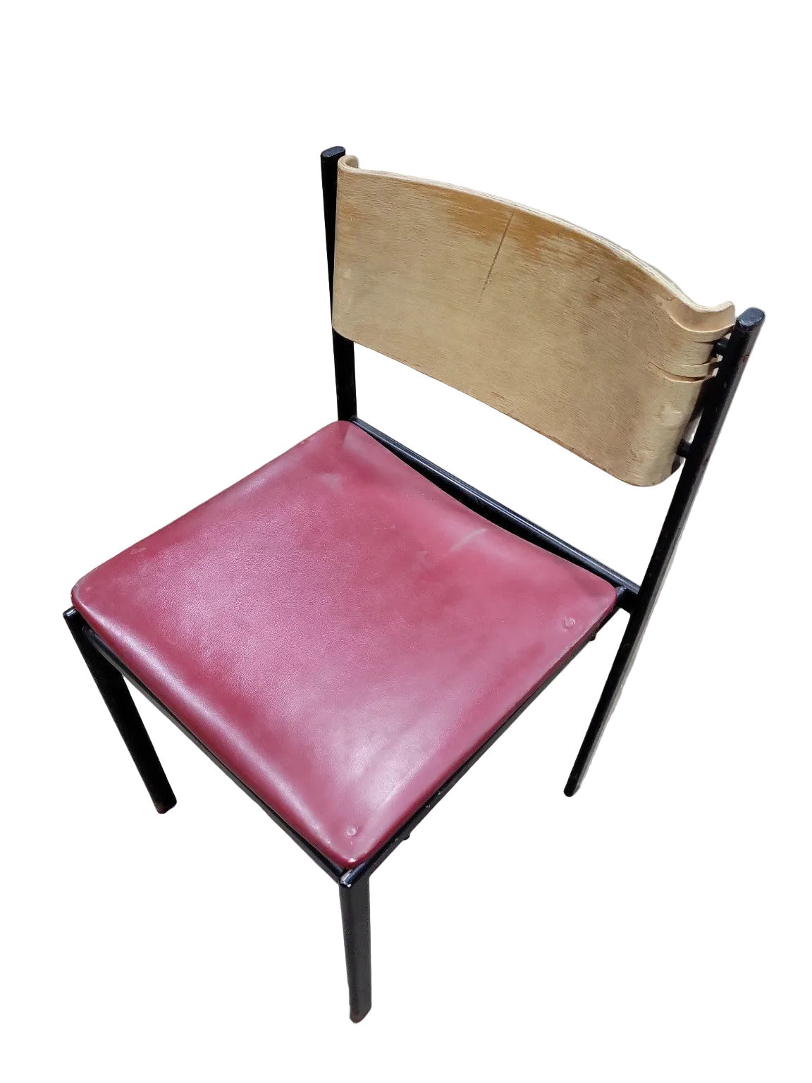 Mid-Century Industrial School Chair – Black Frame, Wood Back, Burgundy Vinyl Seat