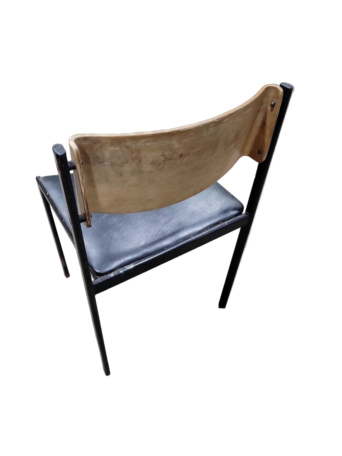 Mid-Century Industrial School Chair – Black Frame, Wood Back, Black Vinyl Seat