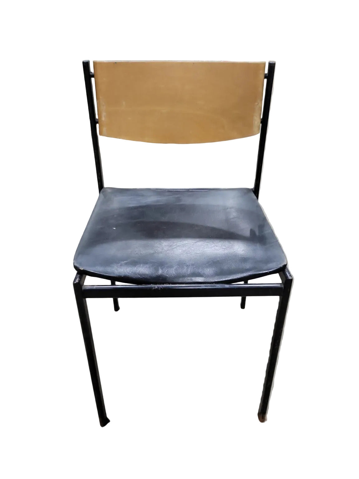 Mid-Century Industrial School Chair – Black Frame, Wood Back, Black Vinyl Seat