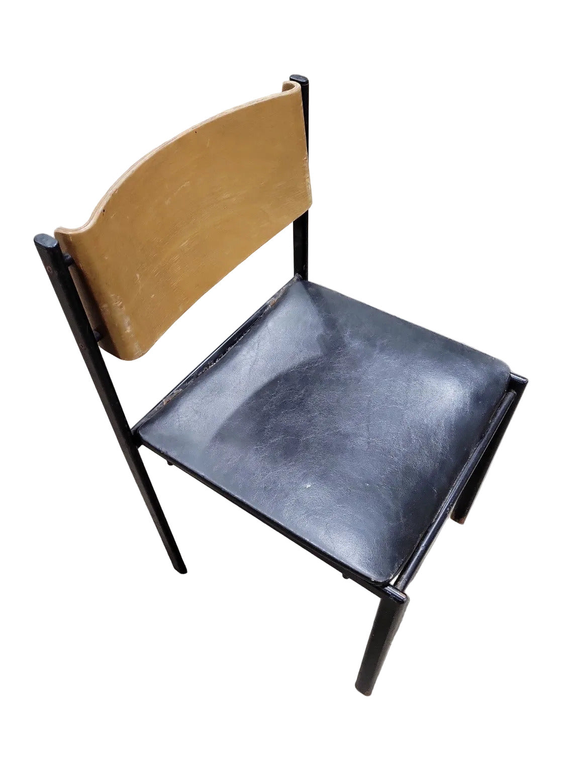 Mid-Century Industrial School Chair – Black Frame, Wood Back, Black Vinyl Seat