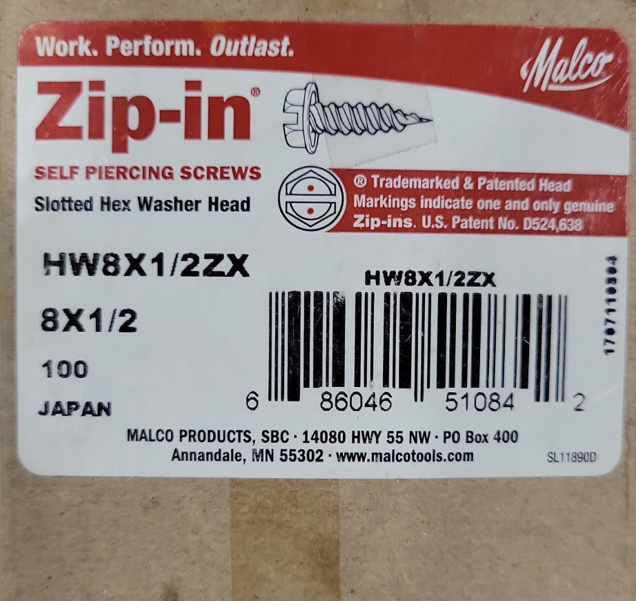 Box of 100 Zip-in Self Piercing Screws – Malco HW8X12ZX