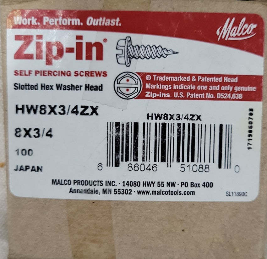 Box of 100 Zip-in Self Piercing Screws – Malco HW8X34ZX