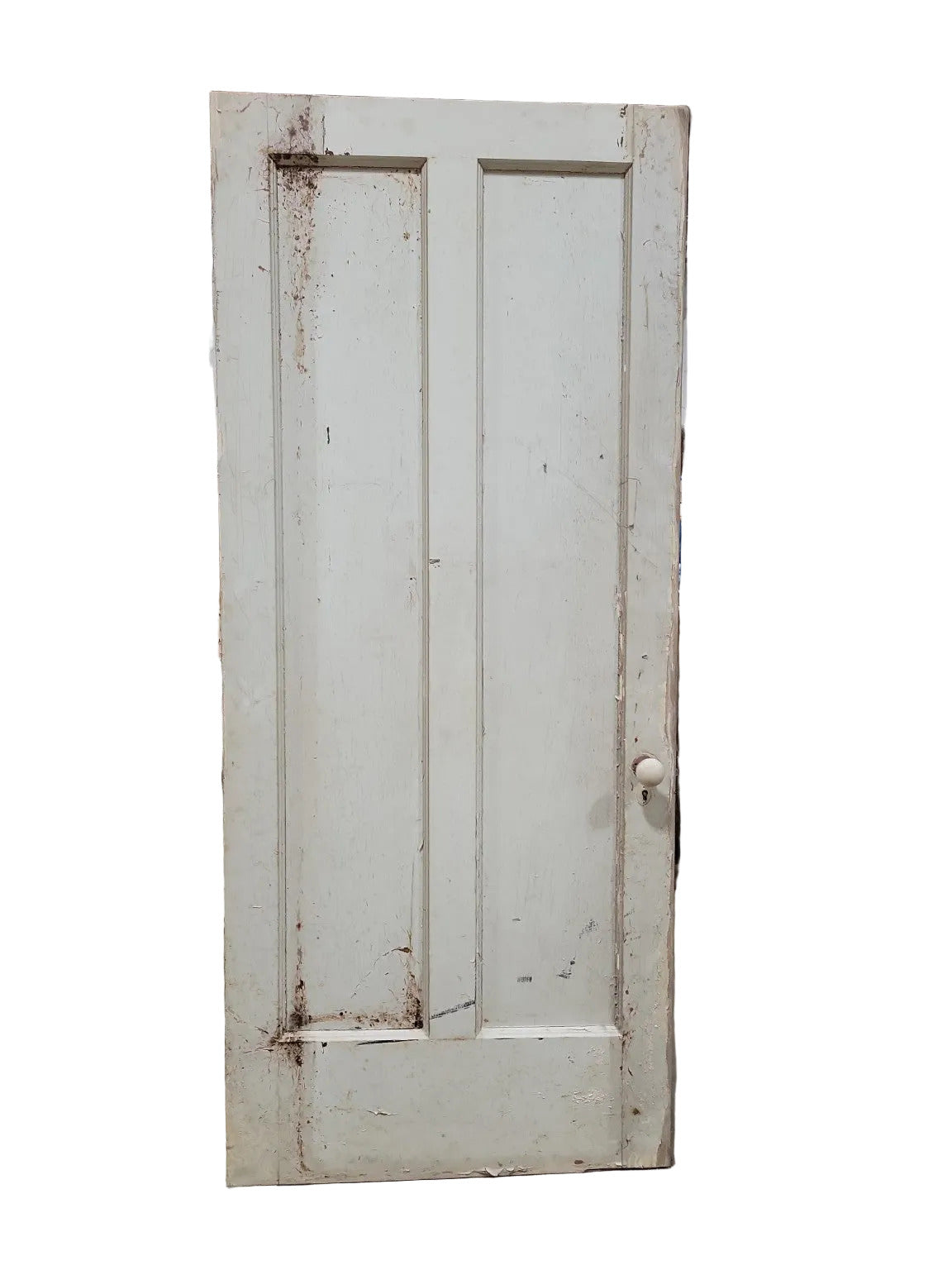 Vintage Two-Panel Wood Door – Distressed Cream Paint with Ceramic Knob