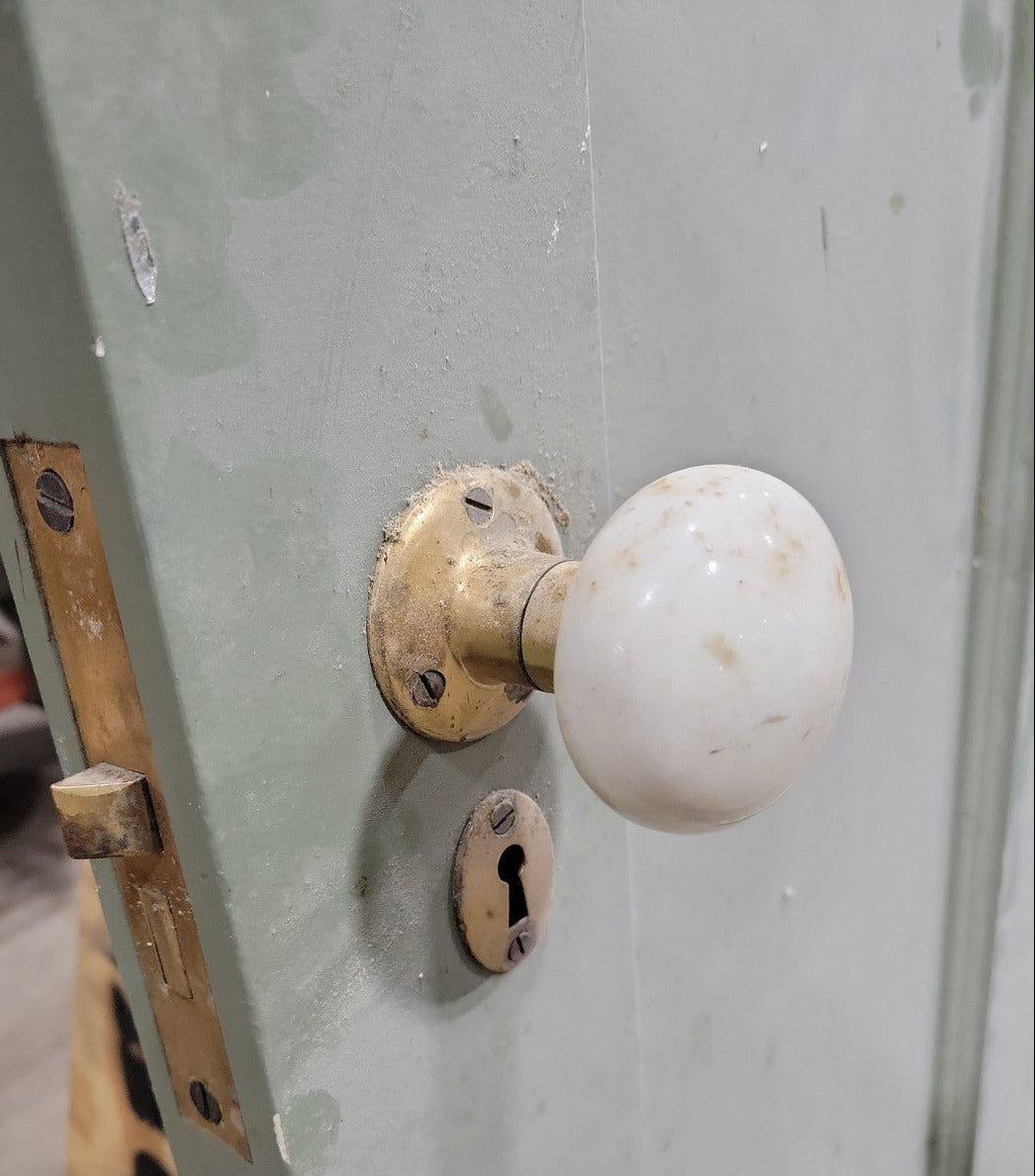 Antique 2-Panel Interior Door – 32" x 84" x 1 ¾" – Green Painted with Porcelain Knob